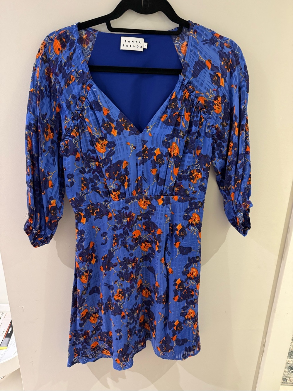 Tanya Taylor cobalt blue floral V-neck mini dress with orange accents